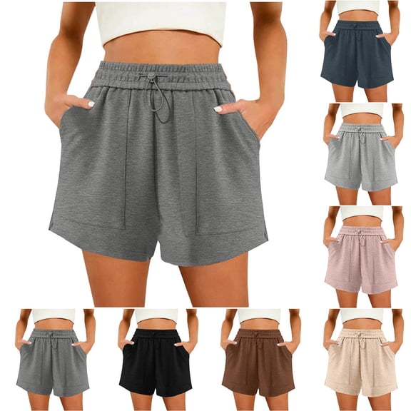 ZhiFeng Women’s Shorts Summer Women Short Pants Elastic Mid Waist Pocket Drawstring Shorts Solid Color Stylish Shorts Lady Loose Fit Weekend Wear Beige L