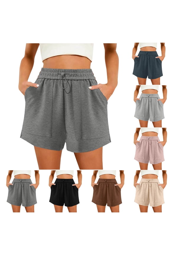 Women’s Shorts Summer Women Short Pants Elastic Mid Waist Pocket Drawstring Shorts Solid Color Stylish Shorts Lady Loose Fit Weekend Wear Beige L