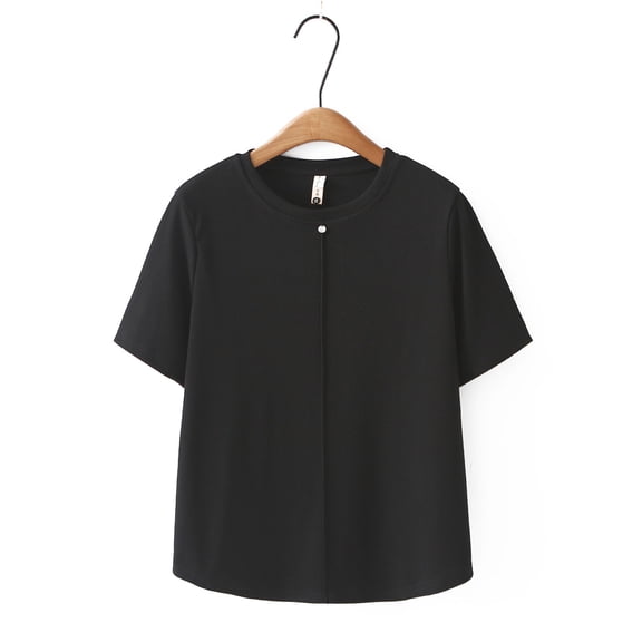 ZhiFeng Women's T Shirt Womens Trendy Tops Crew Neck Short Sleeved Blouse Solid Color Leisure Loose Fit Tops Ladies Beach Summer Shirt Black