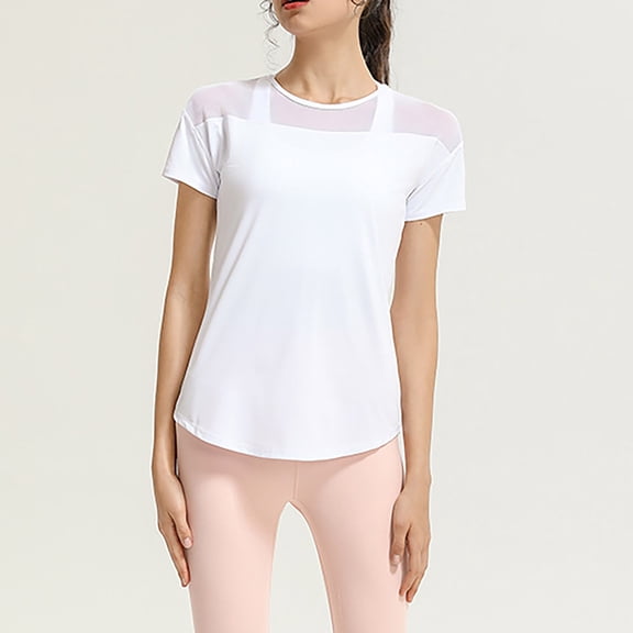 ZhiFeng Women's T-Shirts Tops Women Crewneck Short Sleeved Mesh Blouse Solid Color Comfortable Loose Fit Tops Ladies Travel Summer Shirt White