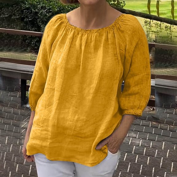 ZhiFeng Women's T-Shirts Trendy Tops for Women Crewneck Short Sleeved Blouse Solid Color Comfortable Loose Fit Tops Ladies Party Summer Shirt Yellow