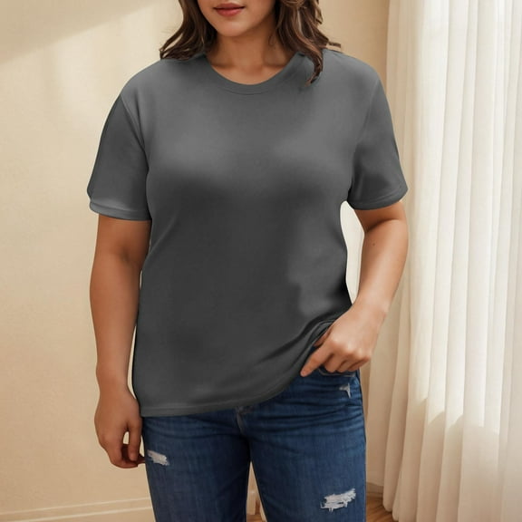 ZhiFeng Womens Shirts Womens Top Crewneck Short Sleeved Blouse Solid Color Stylish Loose Fit Tops Lady Beach Summer Shirt Dark Gray