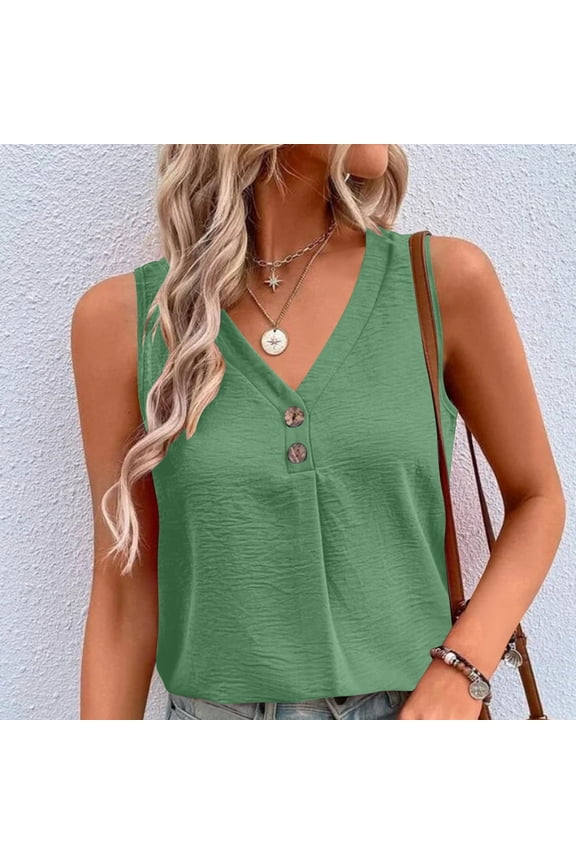 Womens' Tank Tops Woman's Shirts Sleeveless Button V Neck Blouse Comfortable Solid Color Loose Fit Tops Daily Work Summer Clothes Green M