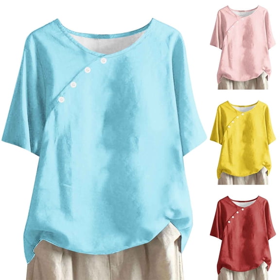 ZhiFeng Womens Tshirts Tops for Women Crew Neck Short Sleeved Button Blouse Solid Color Stylish Loose Fit Tops Ladies School Summer Shirt Blue