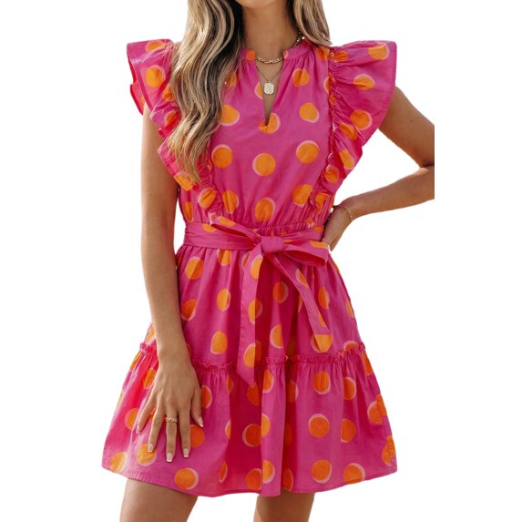 ZhiHiMeRi Casual Rose Polka Dot Women's Shift Dress – Exaggerated Ruffle Short Sleeve for Daily Summer Wear XL