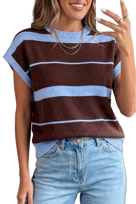 Casual Striped Knit Shell – Women's Round Neck Sleeveless Top M