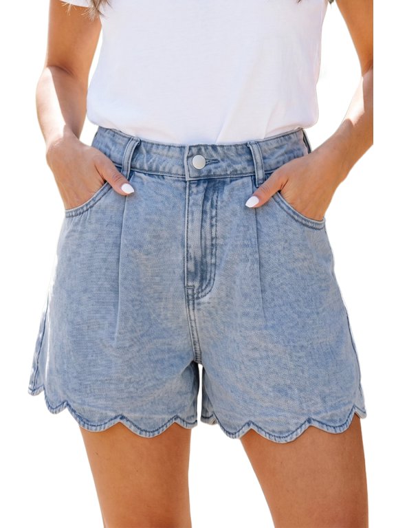 Chic Myosotis Blue Women's Denim Shorts - Scalloped Hem High Rise Shorts for Vacation 12