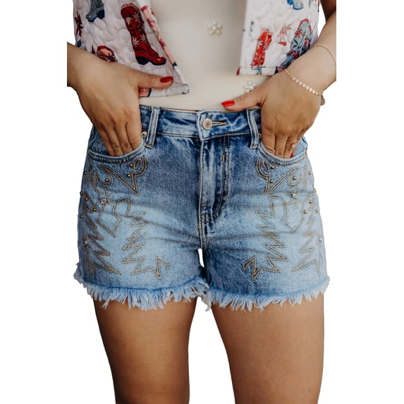 ZhiHiMeRi Dusk Blue Western Studded Denim Shorts for Women – High Waisted Embroidered Shorts for Concerts 16