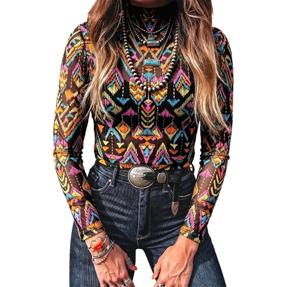 ZhiHiMeRi Women's Abstract Print Mesh Top, Long Sleeve Stand Neck Tee XL