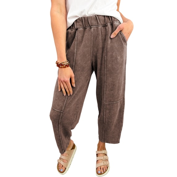ZhiHiMeRi Women's Barrel Pants, Coffee Mineral Wash High Waist Trousers XL
