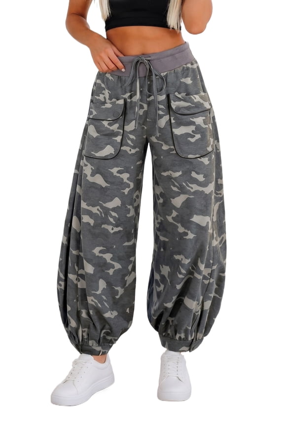 Women's Camouflage Harem Pants, Loose Drawstring Joggers L
