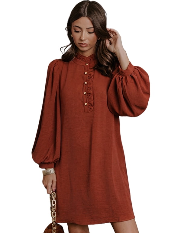 Women's Coffee Shift Dress, Elegant Long Sleeve Mini Dress XL