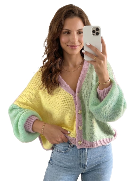 Women's Colorblock Cardigan, Pastel V Neck Knit Sweater L