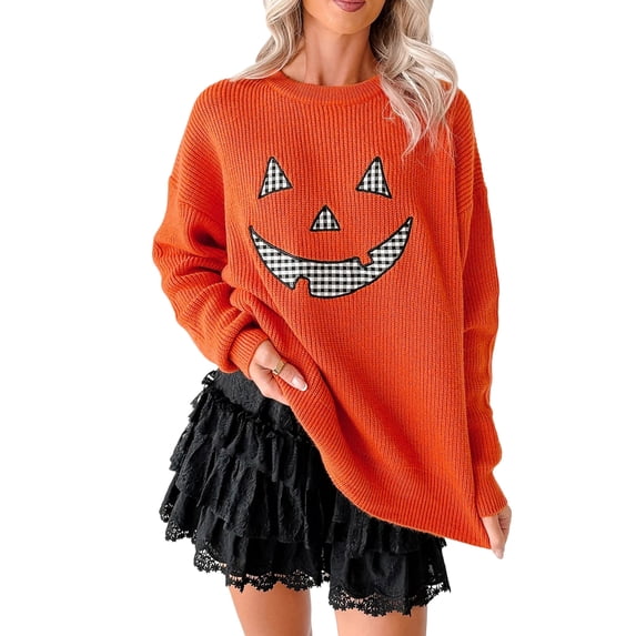 ZhiHiMeRi Women's Halloween Pumpkin Sweater, Orange Long Sleeve Knit XL