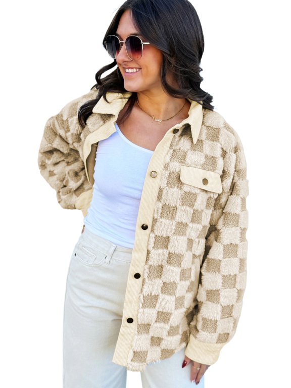 Women's Plaid Shacket, Cozy Sherpa Button Down Jacket XL