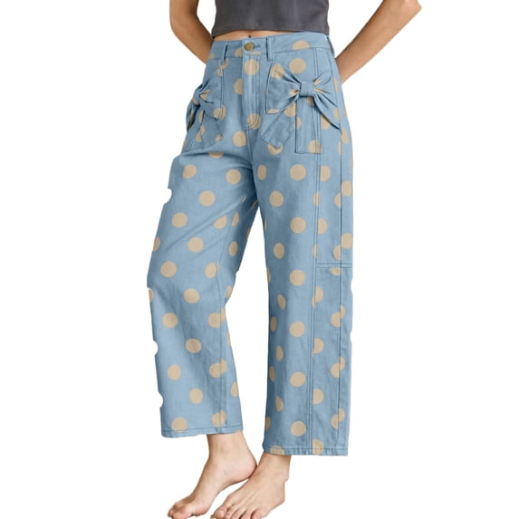 ZhiHiMeRi Women's Sky Blue Polka Dot Denim Jeans – High Waist, Bow Front Detail for Vacation Style 12