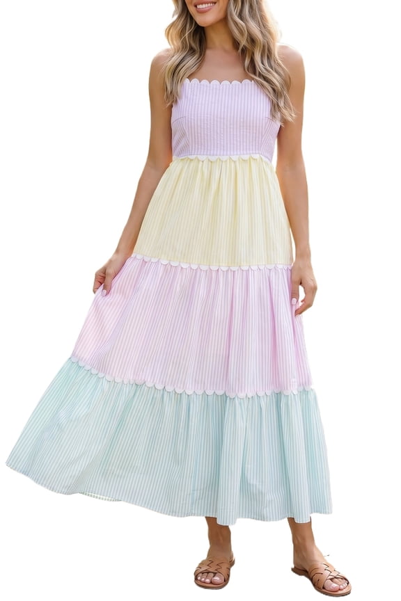 Women's Striped Patchwork Long Dress – High Waist Scalloped Detail Easter Party Dress L