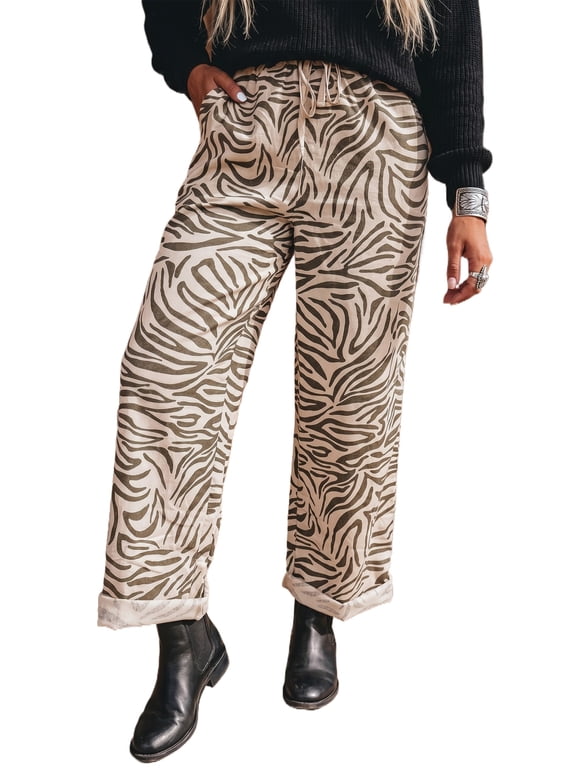 Women's Zebra Print Pants, Western Elastic Waist Casual S