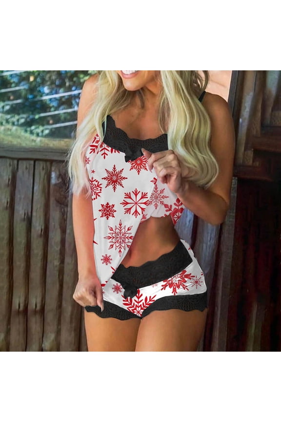 Cotton Pajamas Sets for Women,Women Soft Santa Cami Top and Shorts Lace Trim Sleepwear Set Comfy 2 Piece Pajama Set