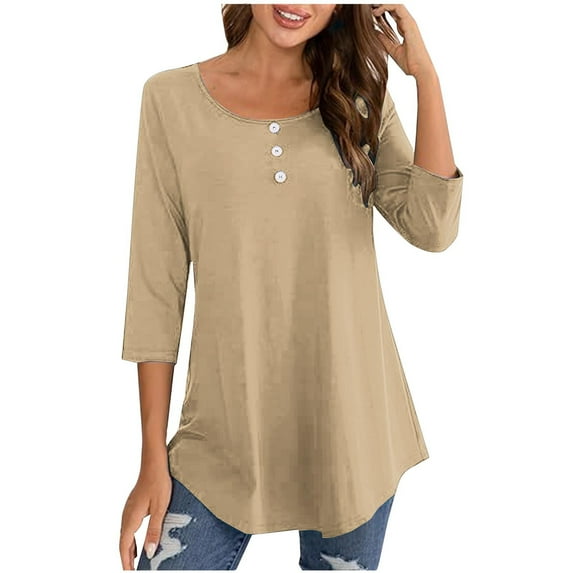 ZhiZhuang Long Sleeve Shirts for Women 2024,Women's 3/4 Length Sleeve Shirts Scoop Neck Solid Color Casual Tops Loose Fit Tunic Blouse Oversize Pullover Tops