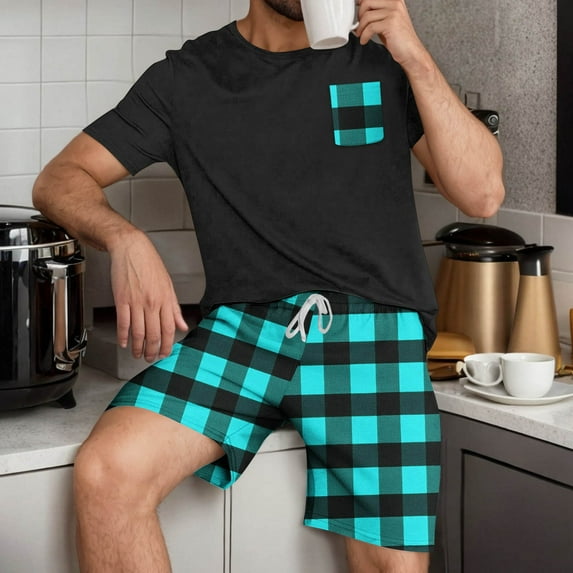 ZhiZhuang Mens Big & Tall Pajamas Sets Plus Size,Men Modal Plaid Pajamas Set Comfy Sleepwear Short Sleeve Pjs Set Soft 2 Piece Lounge Set Cozy Nightwear