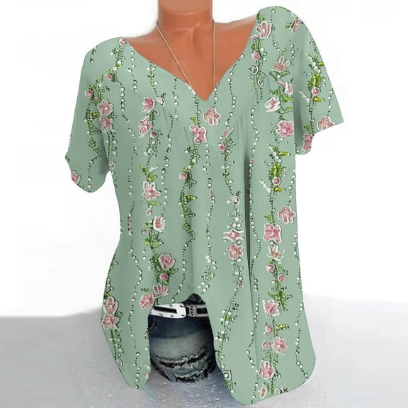 ZhiZhuang Plus Size Tops for Women 2024,Women Short Sleeves V-Neck Flowy Printed Dressy Blouse Pullover Tops Shirt