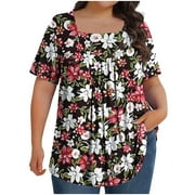ZHIZHUANG Plus Size Tops for Women 2024,Women's Printed Flowy Oversized Neck Pleated Shirt Short Sleeved Loose Fit Top Dressy Blouses L-5xl