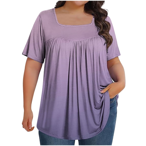 ZhiZhuang Plus Size Tops for Women 2024,Women's Printed Flowy Oversized Neck Pleated Shirt Short Sleeved Loose Fit Top Dressy Blouses L-5xl