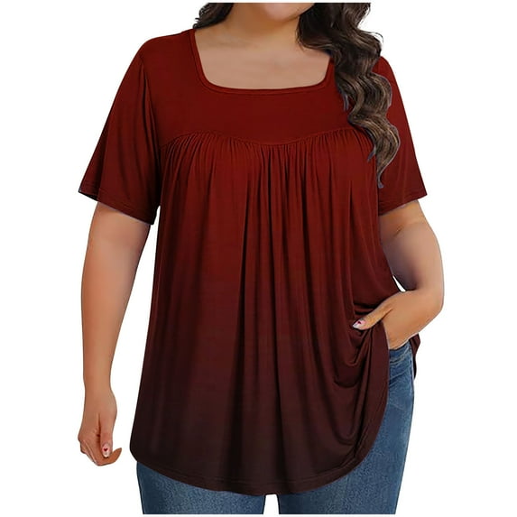 ZhiZhuang Plus Size Tops for Women 2024,Women's Printed Flowy Oversized Neck Pleated Shirt Short Sleeved Loose Fit Top Dressy Blouses L-5xl
