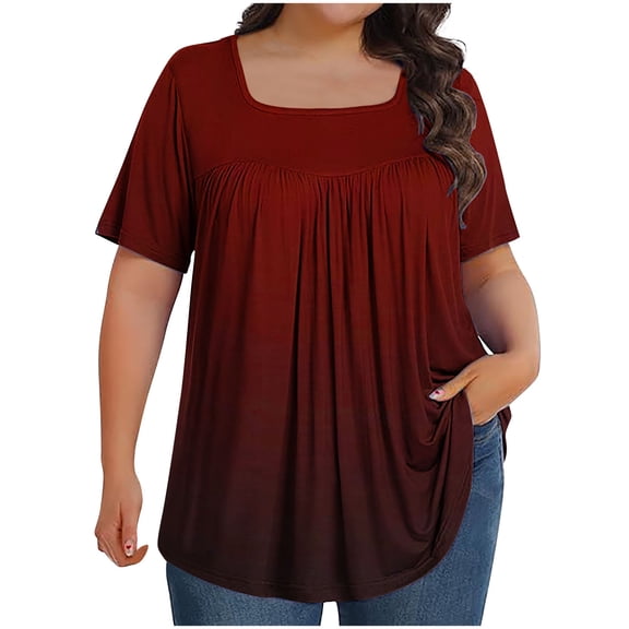 ZhiZhuang Plus Size Tops for Women 2024,Women's Printed Flowy Oversized Neck Pleated Shirt Short Sleeved Loose Fit Top Dressy Blouses L-5xl