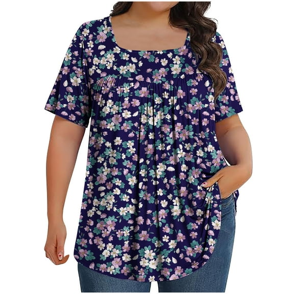 ZhiZhuang Plus Size Tops for Women 2024,Women's Printed Flowy Oversized Neck Pleated Shirt Short Sleeved Loose Fit Top Dressy Blouses L-5xl