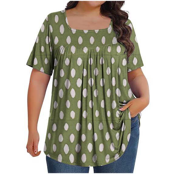 ZhiZhuang Plus Size Tops for Women 2024,Women's Printed Flowy Oversized Neck Pleated Shirt Short Sleeved Loose Fit Top Dressy Blouses L-5xl