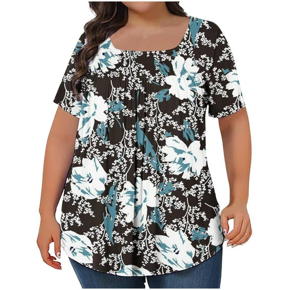 ZhiZhuang Plus Size Tops for Women 2024,Women's Printed Flowy Oversized Neck Pleated Shirt Short Sleeved Loose Fit Top Dressy Blouses L-5xl