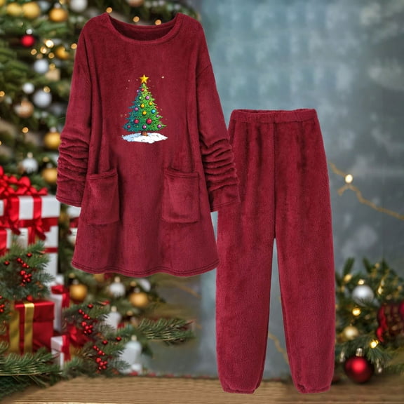 ZhiZhuang Plush Womens Two Piece Lounge Set,Womens Long Sleeve Soft Warm Sleepwear 2 Piece Plush Pajamas Lounge Sets