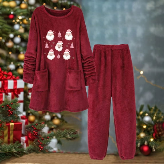 ZhiZhuang Winter Saving ! Women's Fleece Pajamas Set,Warm 2 Piece Plush Sleepwear Set Loose Pullover Fall Winter Loungewear