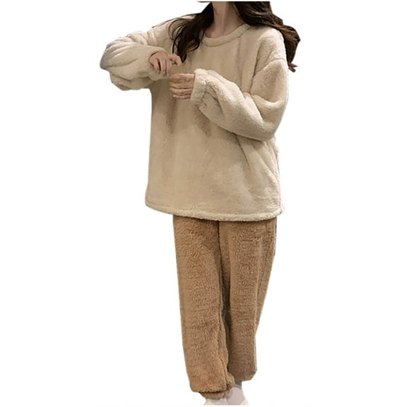 ZhiZhuang Woman Winter Fleece Pajamas Set,Women's Soft Warm Flannel Sleepwear Long Sleeve 2 Piece Fuzzy Winter PJ Loungewear Set