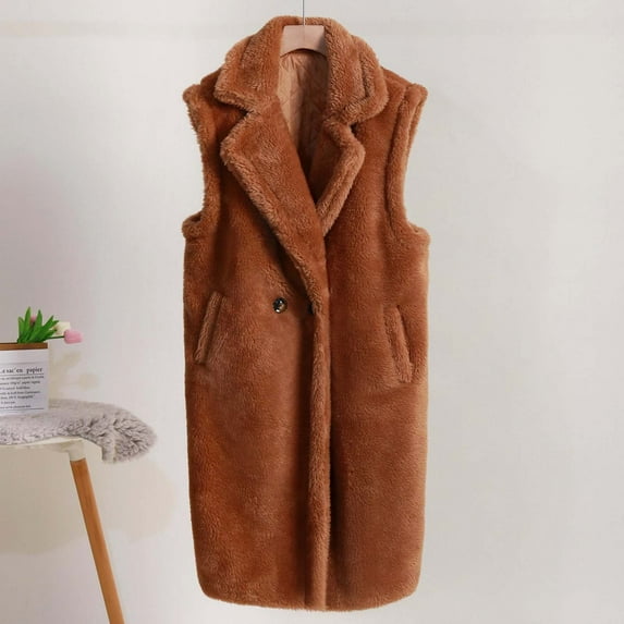ZhiZhuang Women's Button Down Fleece Vest,Long Faux Fur Vest for Women Thick Winter Sleeveless Vests Outwear Lapel Collar Pockets Jackets