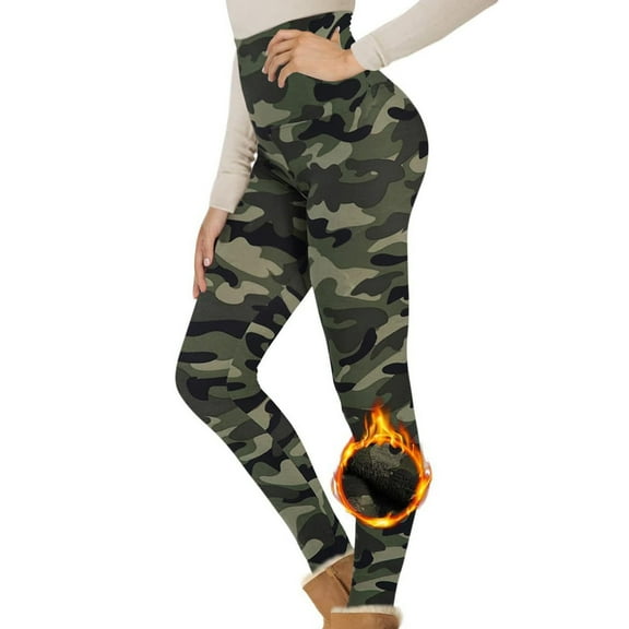 ZhiZhuang Women's Fleece Lined Leggings Tummy Control Green Camo Yoga Hiking Running Tights
