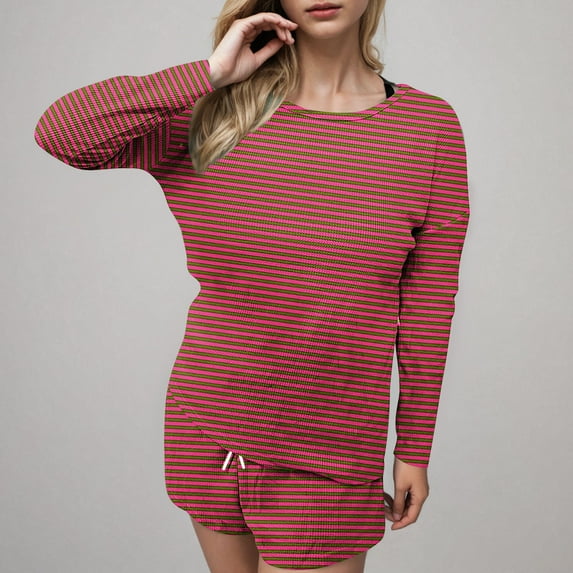 ZhiZhuang Women's Two Piece Striped Outfits Long Sleeve Oversized Sweatshirt and Drawstring Shorts Matching Sets Tracksuit