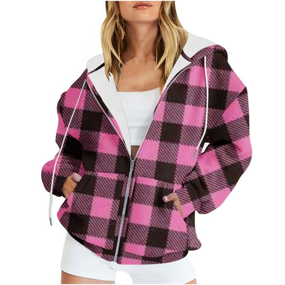 ZhiZhuang Womens Zip Up Hoodies,Women Flannel Plaid Sweatshirt Long Sleeve Y2K Shacket with Pockets Winter Cozy Coats