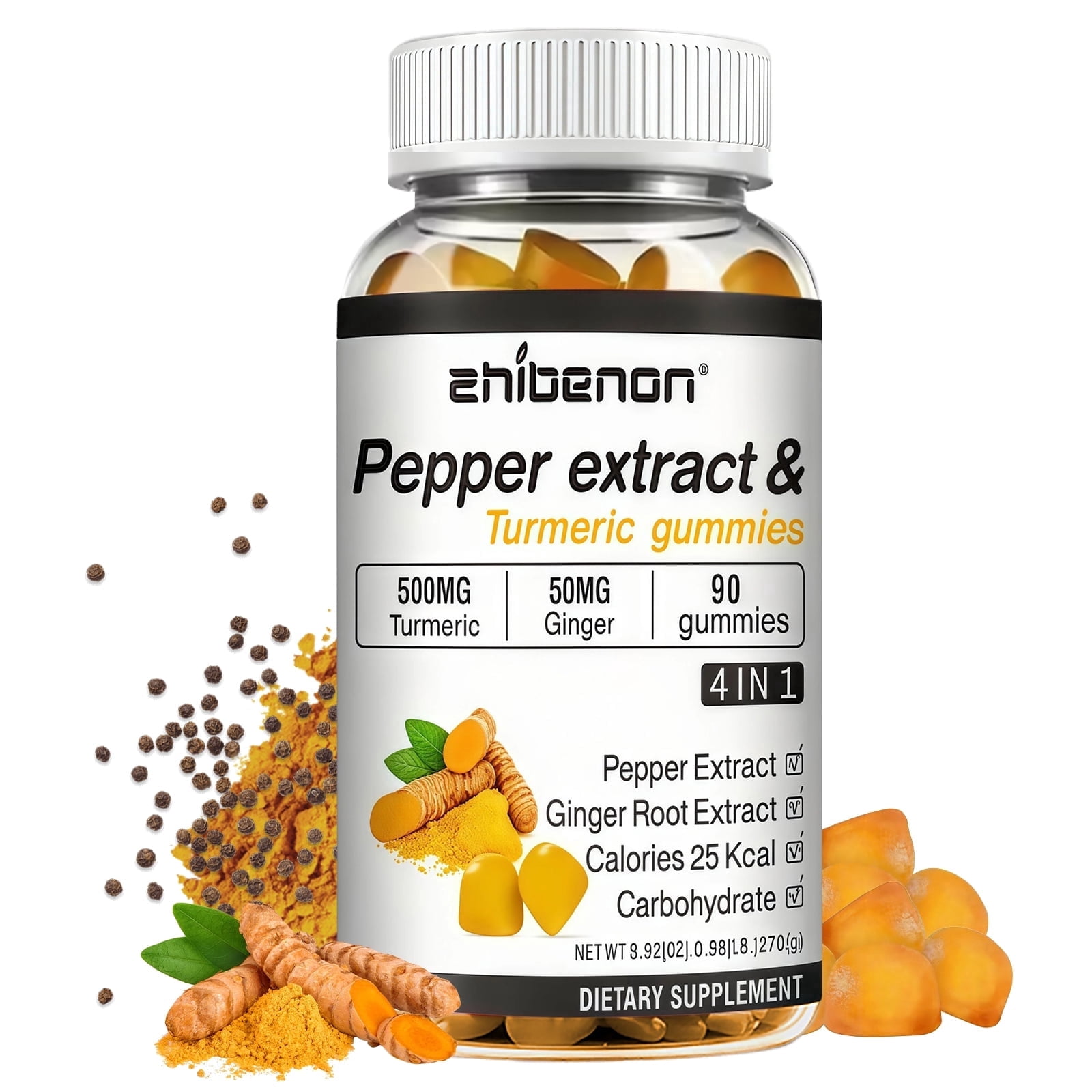 Zhibenon black pepper turmeric gummies, 90 capsules, containing extracts of black pepper and turmeric root, which help with digestion and protect the skin