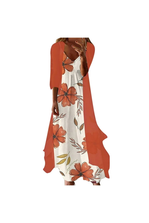 Zhifulu Women Formal Dresses-Women 2 Piece Dresses V Neck Sleeveless Plus Size Loose Hem Maxi Dress Sets Flower Print Tunic Long Dress with Shawl