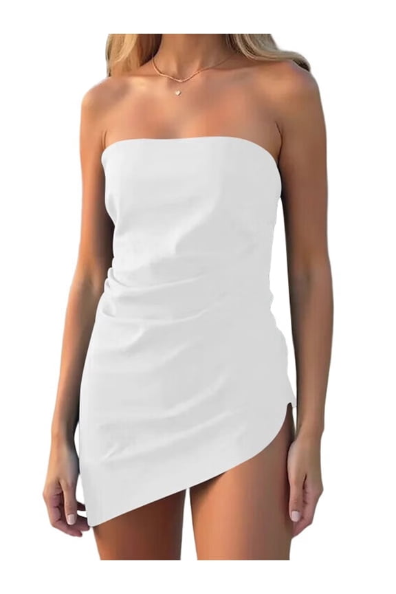 Womens Summer Tube Tops 2025 Trendy Strapless Ruched Going Out Tops Outfits Asymmetrical Bandeau Shirts White S