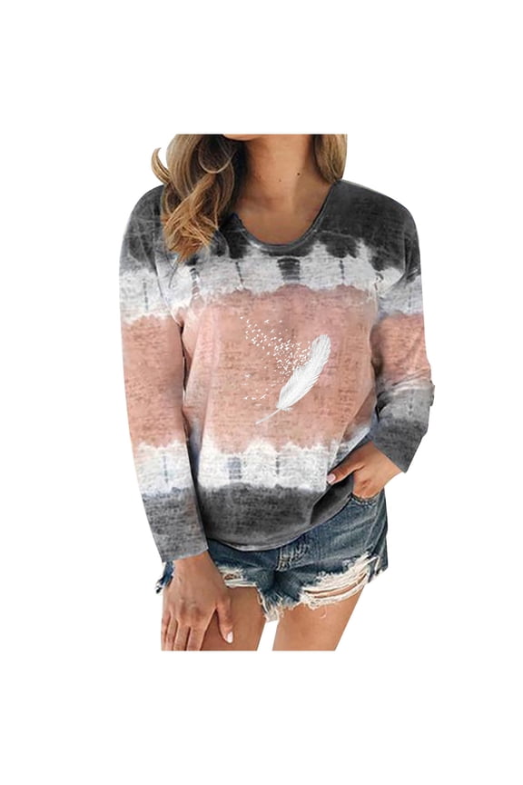 Zhifulu Women's Cute Shirt Tops Women's Casual Pullover Feather Print V-Neck Fall Winter Sweatshirt Long Sleeve Breathable Lightweight Loose Tee Tops
