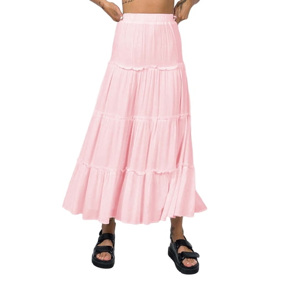 Zhishanbh Clearance Skirts for Women Trendy Summer Women's Long Maxi Skirts Elastic High Waist Tiered Flowy Long Skirt Pleated Swing A Line Maxi Summer Beach Skirt Pink