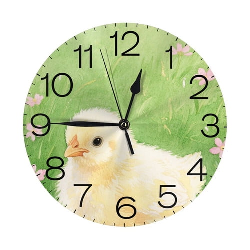 Zhmjortal Chick Pattern Wall Clock Silent Non-Ticking Kitchen Desk Decor Clock Battery Operated Quartz Analog Round Clocks 10 in for Bedroom Bathroom Living Room