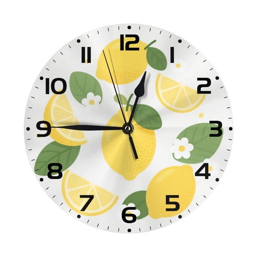 Zhmjortal Clock for Bedroom,Lemon Pattern Wall Clock Battery Operated 10 Inch,Fruit Round Wall Clock, Silent Non-Ticking Wall Decor for Farmhouse Office Home School Living Room Bedroom