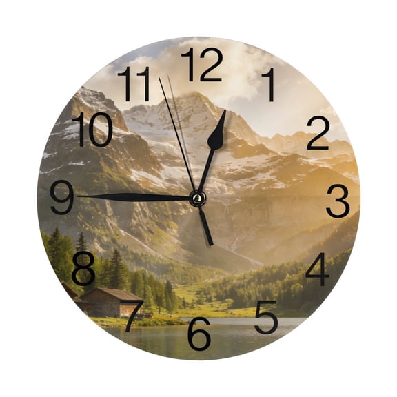 Zhmjortal Clock for Bedroom,Natural Scenery And Houses Wall Clock Battery Operated 10 Inch, Round Clock Silent Non-Ticking Wall Decor for Farmhouse Office Home School Living Room Bedroom