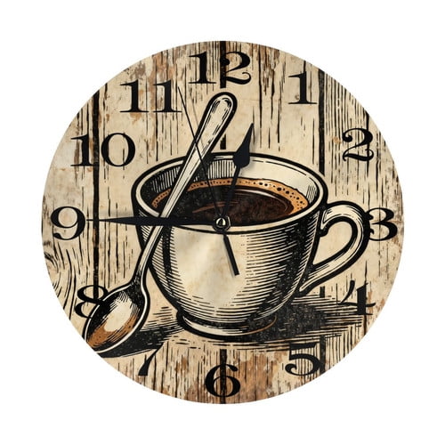 Zhmjortal Coffee Pattern Wall Clock Silent Non-Ticking Kitchen Desk Decor Clock Battery Operated Quartz Analog Round Clocks 10 in for Bedroom Bathroom Living Room
