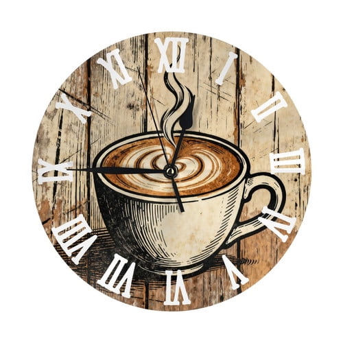 Zhmjortal Coffee Pattern Wall Clock Silent Non-Ticking Kitchen Desk Decor Clock Battery Operated Quartz Analog Round Clocks 10 in for Bedroom Bathroom Living Room